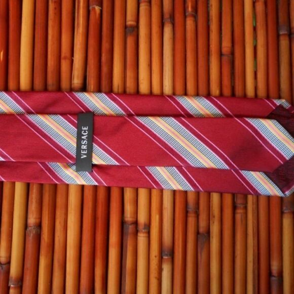 EUC VERSACE Multi-Colored Diagonal Striped 100% Silk with Blue Logo on Front Tie - Picture 8 of 11